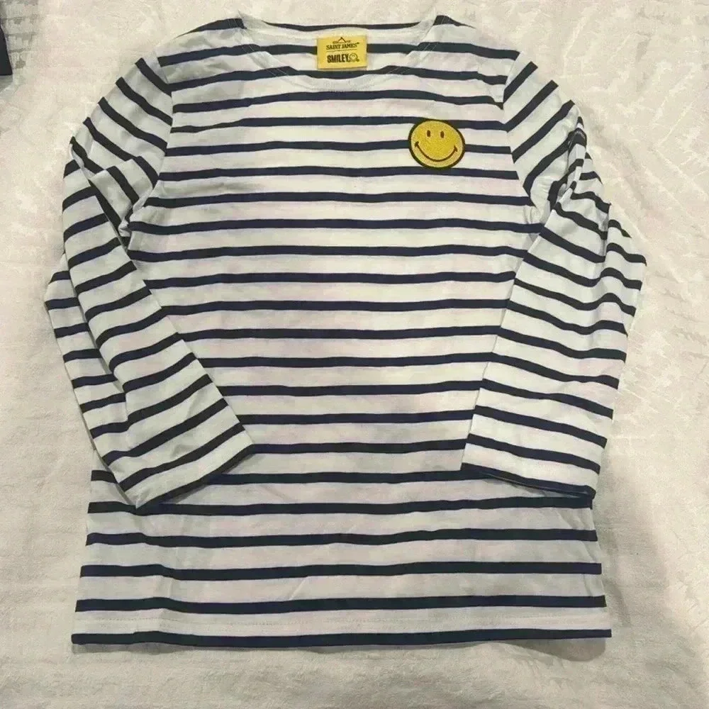 Saint James smiley shirt navy and white crew neck